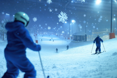Skiers enjoy a thrilling night on the slopes of an indoor snow park surrounded by falling snowflakes.の写真素材
