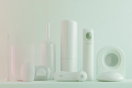 Various white household items are creatively displayed on a light-colored surface, showing design simplicity.の写真素材