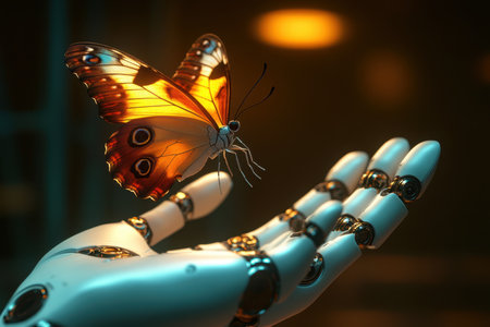 A vibrant butterfly perches on a sleek robotic hand amid soft ambient lighting, creating a serene moment.の写真素材