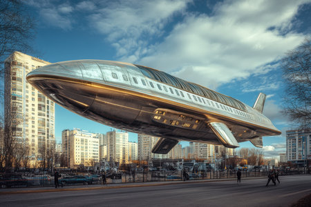 A shiny spacecraft floats above a bustling urban landscape with tall buildings and people walking below.の写真素材