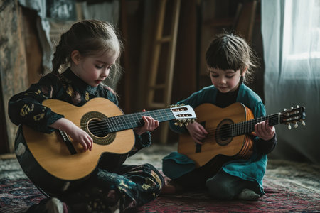 Two young children play guitars, showcasing their musical talent in a warm, inviting room filled with natural light.の写真素材
