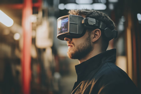 A man is focused and wearing a virtual reality headset while standing in a dimly lit industrial space.の写真素材