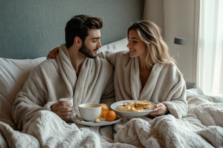 Two people share a joyful breakfast in bed, smiling warmly at each other while wrapped in soft robes.の写真素材