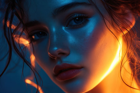 A woman gazes intensely as vibrant blue and orange light creates a striking contrast on her face.の写真素材