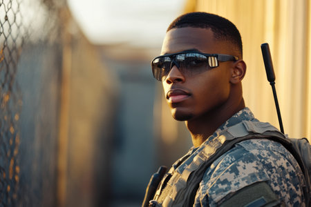 A soldier wearing tactical sunglasses poses in an industrial area, illuminated by warm evening light.の写真素材