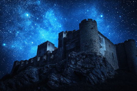 An old stone castle towers over rocky terrain, bathed in moonlight with a backdrop of bright stars.の写真素材