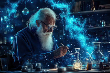 An elderly alchemist meticulously mixes glowing liquids in a dimly lit workshop filled with magical artifacts.の写真素材
