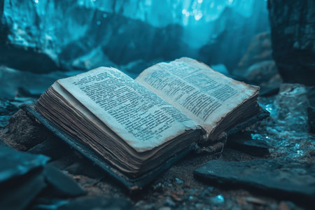 An old book lies on rough stones at the bottom of a cave, surrounded by shimmering blue water, evoking mystery.の写真素材