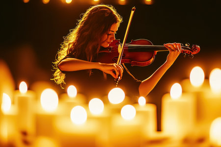 A violinist plays a captivating melody, illuminated by warm candlelight in a serene atmosphere.の写真素材