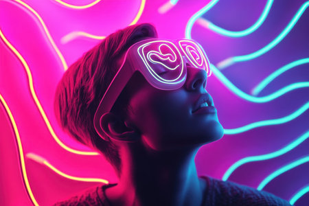 A person looks up with illuminated glasses amidst colorful neon lights, creating a vibrant atmosphere.の写真素材