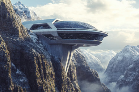 A sleek, modern building stands on a rocky cliff, with clouds swirling around the snow-covered peaks.の写真素材