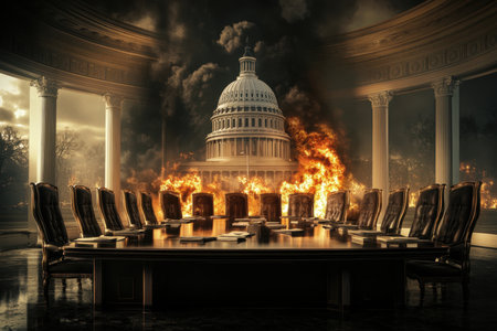 Smoke and flames engulf the Capitol building, while a large conference room sits eerily empty in the foreground.の写真素材
