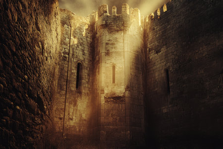 Golden rays illuminate the weathered stone walls of a historic fortress, evoking a sense of mystery.の写真素材
