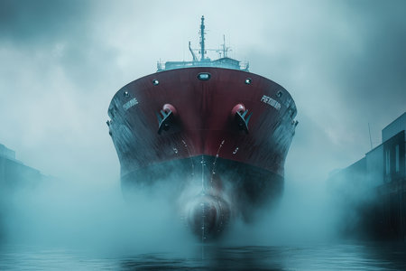 A colossal vessel cuts through dense fog in the harbor during early morning light, creating an impressive sight.の写真素材