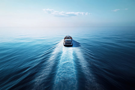 A boat sails smoothly over serene ocean waters, leaving a gentle wake, with bright skies above.の写真素材