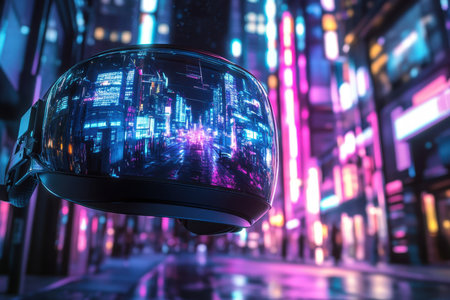A futuristic virtual reality headset reflects vibrant, colorful neon lights of a busy urban street at night.の写真素材