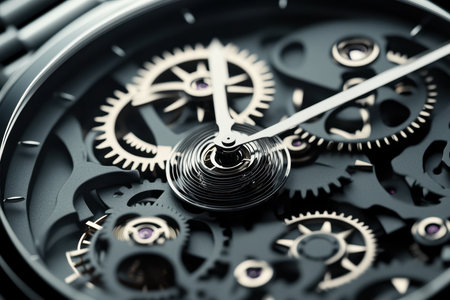 Close-up view of a watch mechanism displaying detailed gears and intricate craftsmanship in motion.の写真素材