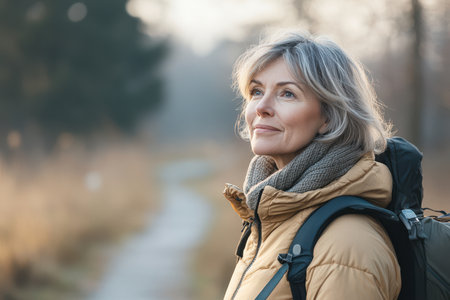A woman with light hair and a warm jacket looks thoughtfully into the distance, surrounded by nature.の写真素材