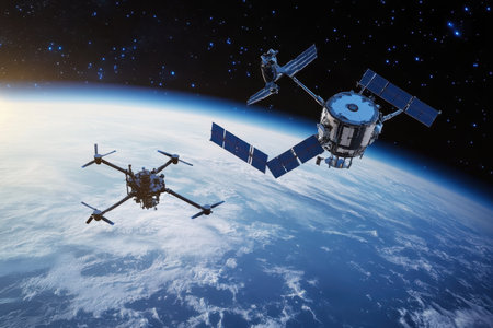 Two spacecraft float through space, conducting research above a vibrant blue Earth surrounded by stars.の写真素材