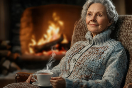 An elderly woman sits comfortably in a chair, sipping tea while a fireplace crackles nearby, creating warmth.の写真素材
