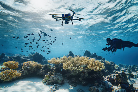 A diver captures footage while a drone hovers above a colorful coral reef teeming with fish.の写真素材