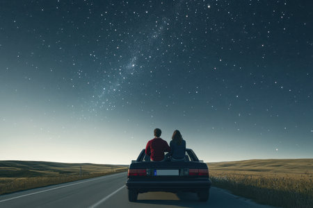 A couple sits on the edge of a parked car, admiring the stunning stars in a clear night sky.の写真素材