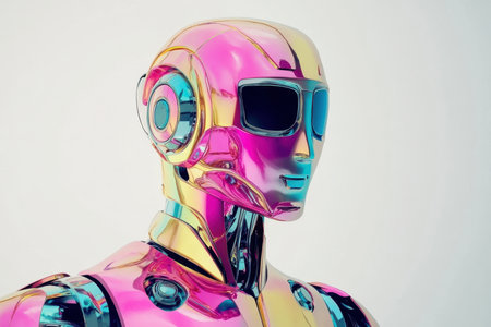 A colorful humanoid robot features a shiny metallic finish with vibrant pink and gold accents for artistic appeal.の写真素材