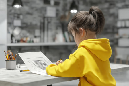 A child concentrates on sketching at a light-colored table in a stylish, well-lit room, surrounded by art supplies.の写真素材
