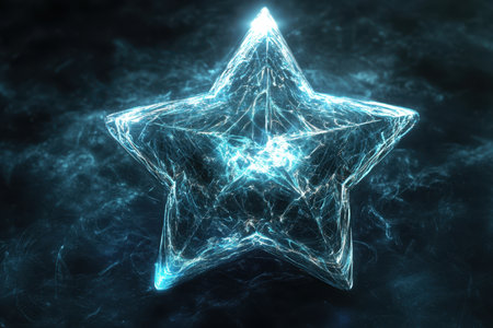 A luminous star shape glows against a dark cosmic backdrop filled with blue and ethereal light effects.の写真素材