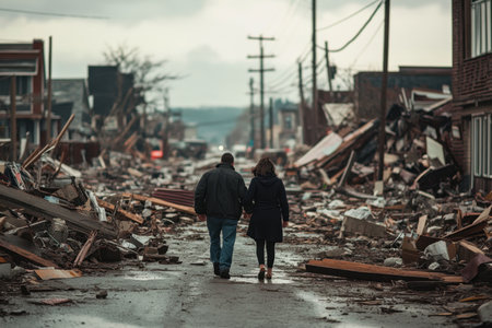 A couple strolls on a debris-covered street in a damaged town, reflecting loss and resilience in the aftermath.の写真素材