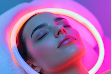 A person experiences a calming beauty treatment enhanced by colorful neon lighting and gentle care.の写真素材