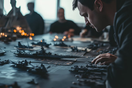 Players engage in a complex naval battle simulation using detailed miniature ships on a large table.の写真素材