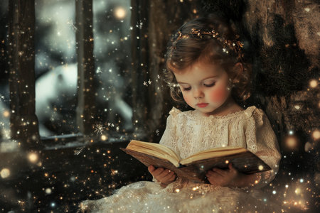 A child in a lace dress explores a storybook, surrounded by a sparkling, enchanted atmosphere in the evening.の写真素材