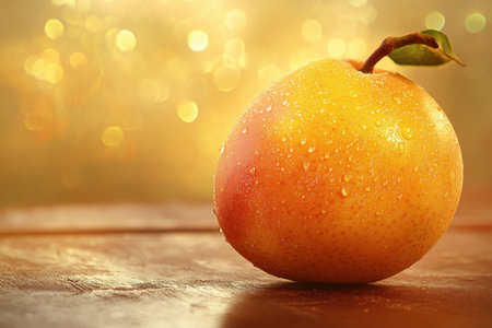 A ripe pear glistens with dew drops on a wooden surface, illuminated by warm, soft light in the background.の写真素材
