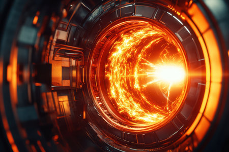 A dynamic energy core emits bright light and heat within a complex technological structure.の写真素材
