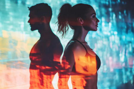 Two individuals stand back-to-back, their silhouettes highlighted by vibrant light patterns in an art installation.の写真素材