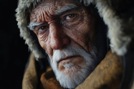 An elderly man with deep wrinkles stares thoughtfully, dressed warmly for a cold setting.の写真素材