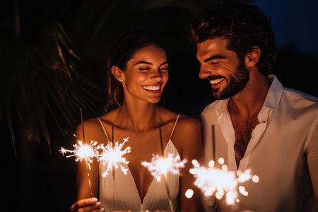 A smiling couple holds sparklers, illuminated by their joyful expressions and the soft glow of the night.の写真素材
