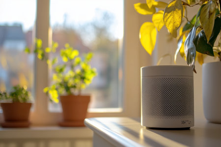 A sleek speaker sits on a wooden surface, illuminated by warm sunlight, surrounded by vibrant potted plants.の写真素材