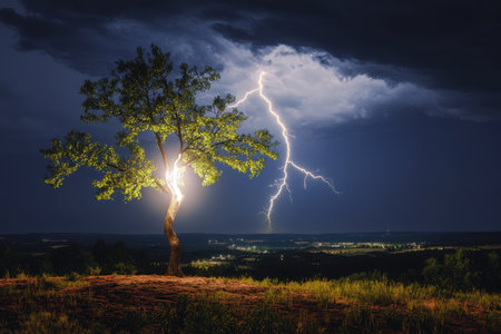 Bright lightning illuminates a lone tree during a stormy night in an open field.の写真素材