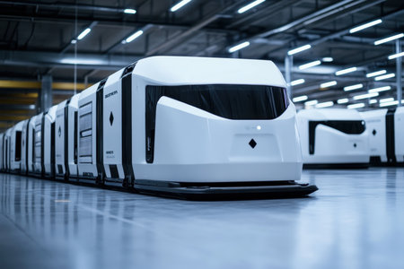 Automated vehicles are neatly arranged in a spacious, modern warehouse with bright lighting and sleek design.の写真素材