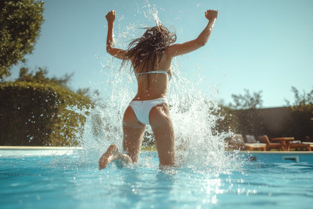 A person leaps into a pool on a bright day, creating a splash and enjoying the refreshing water.の写真素材