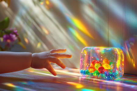 A child's hand reaches for a transparent container filled with colorful gems, reflecting vibrant light patterns.の写真素材
