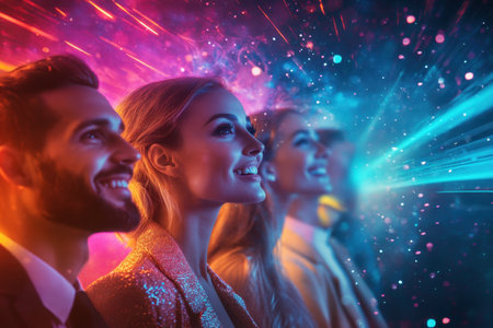 A group of friends smiles as they watch a dazzling light display accompanied by colorful effects.の写真素材