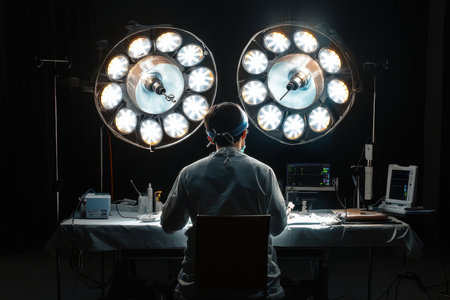 A medical professional prepares for a surgical procedure surrounded by bright surgical lights and advanced instruments.の写真素材