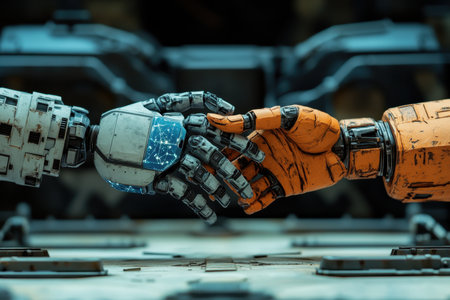 Two robotic hands reach out to touch, one holding a reflective blue sphere in a futuristic setting.の写真素材