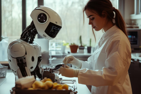 A scientist carefully works alongside a humanoid robot in a state-of-the-art lab during the afternoon.の写真素材