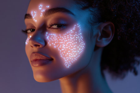 Close-up of a woman showing luminous dotted patterns on her face against a pastel background, highlighting beauty.の写真素材