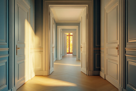Sunlight streams through large windows, casting warm light on the wooden floors of a grand hallway lined with doors.の写真素材