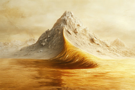 A stunning mountain bathed in golden hues towers over a shimmering lake with an elegant wave rising gracefully.の写真素材